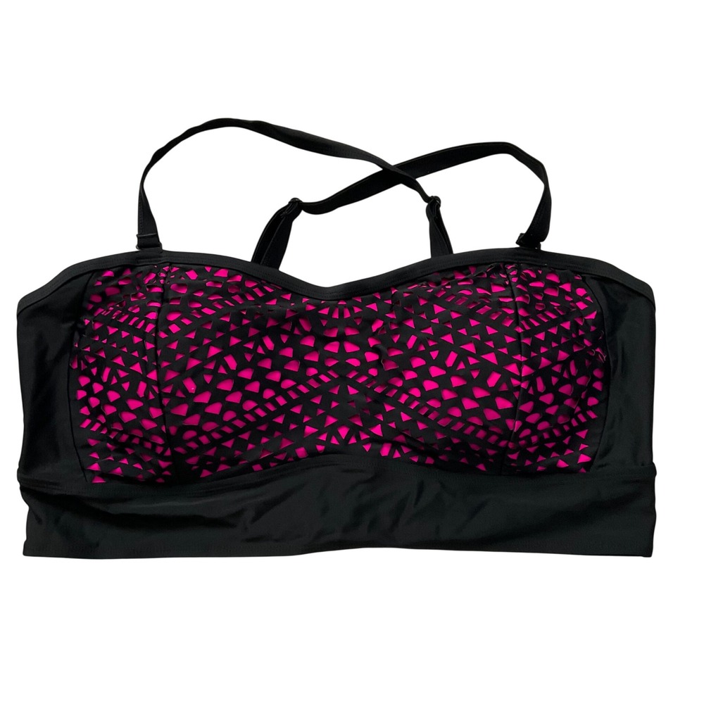 Torrid Plus Size 3 3X Black Hot Pink Laser Cut Geometric Bandeau Bikini Swim Top